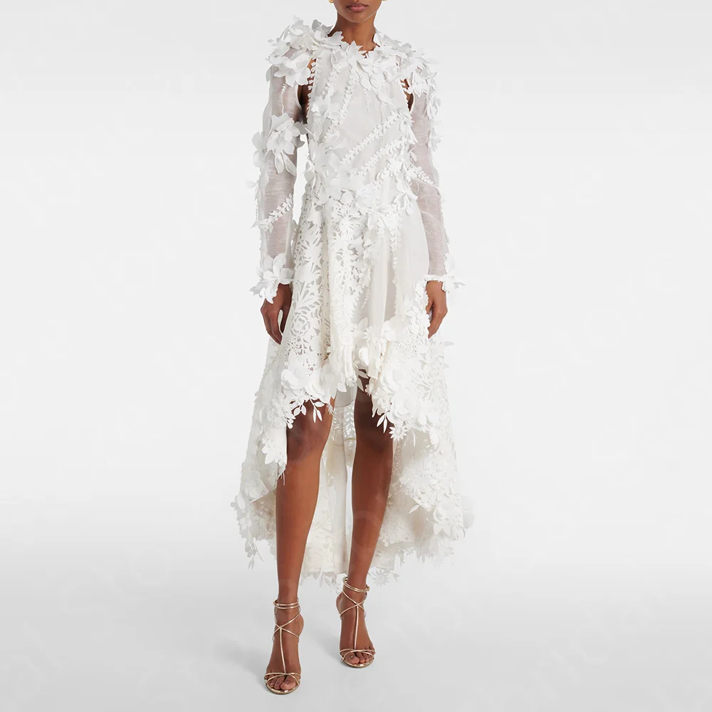 

New Unique Prom Gowns 2024 White Long Sleeves Prom Party Dress High Low Flowers Round Neck Wedding Guest Gowns Lace Hollow Back