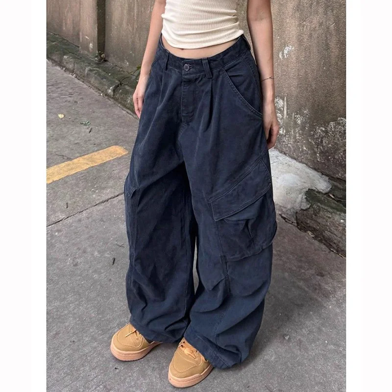 Pantalones de pierna recta para mujer, pantalones de cintura alta Retro elegantes para niñas, pantalones Cargo holgados cómodos a la moda para mujer