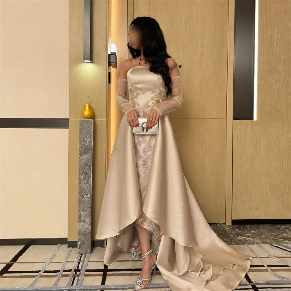 Customized Evening Gown Formal Prom Dress Dearin Spaghetti Strap A-line Floor Length Skirts Tulle Draped Applique Flower Bespoke