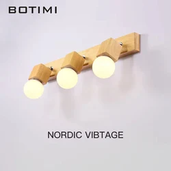 BOTIMI Triple Solid Wood Mirror Wall Lamp With Wooden Base Nordic Bedroom Adjust Luminaires Hotel Mirror Lights Wall Sconce