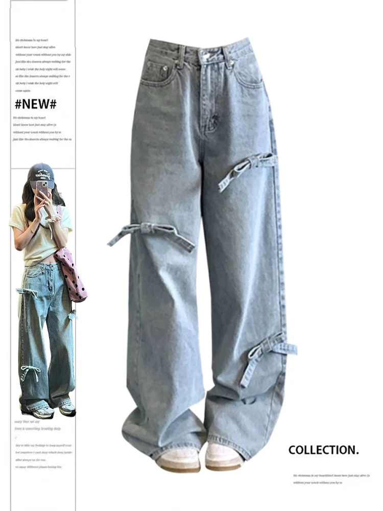 

Women's Light Blue Bow Jeans Baggy Aesthetic Vintage Cowboy Pants Harajuku Oversize Denim Trousers Y2k 2000s Trashy Clothes 2024