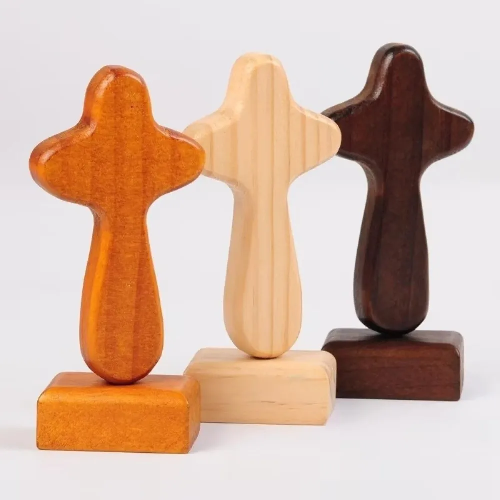 Magnetic Base Wood Cross Statue Handicraft Vintage Crosses Figurine Standing Portable Crucifix Sculpture Church Setting