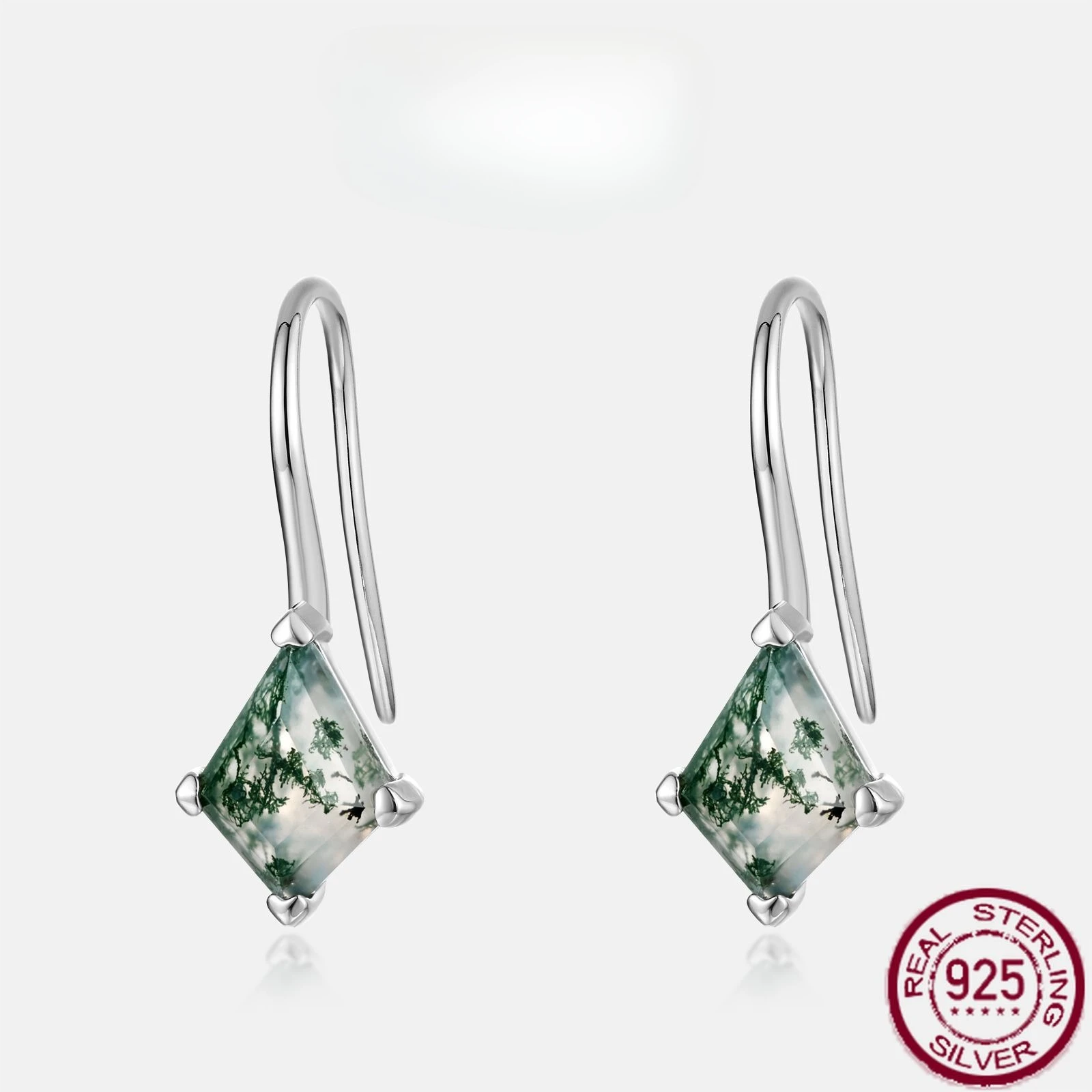 

New S925 pure silver diamond shaped natural water grass agate earrings set with green moss stone light luxury wedding jewelry