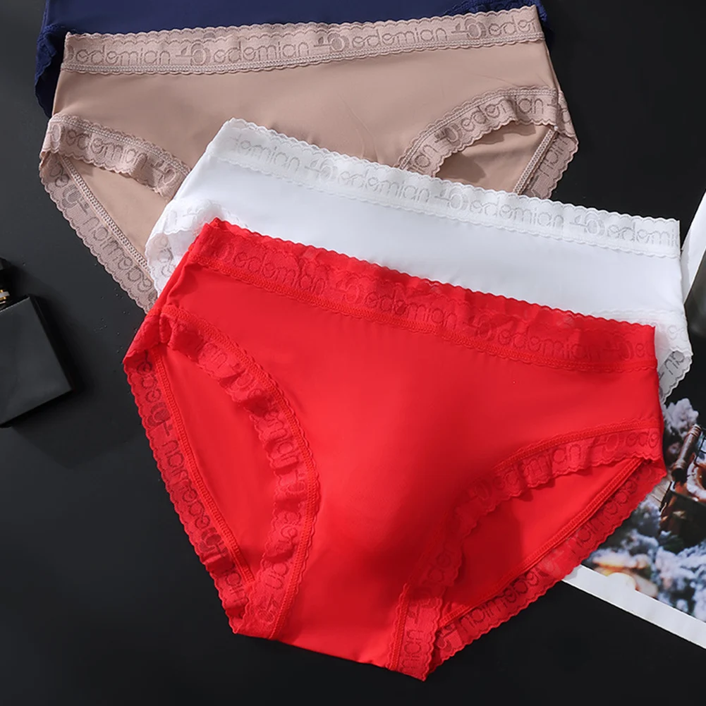 Men Sexy Lace Ultra-thin Very Hot Lingerie Seamless Bikini Ice Silk Briefs Elastic Underwears Femboy Bulge Pouch Unisex Panties