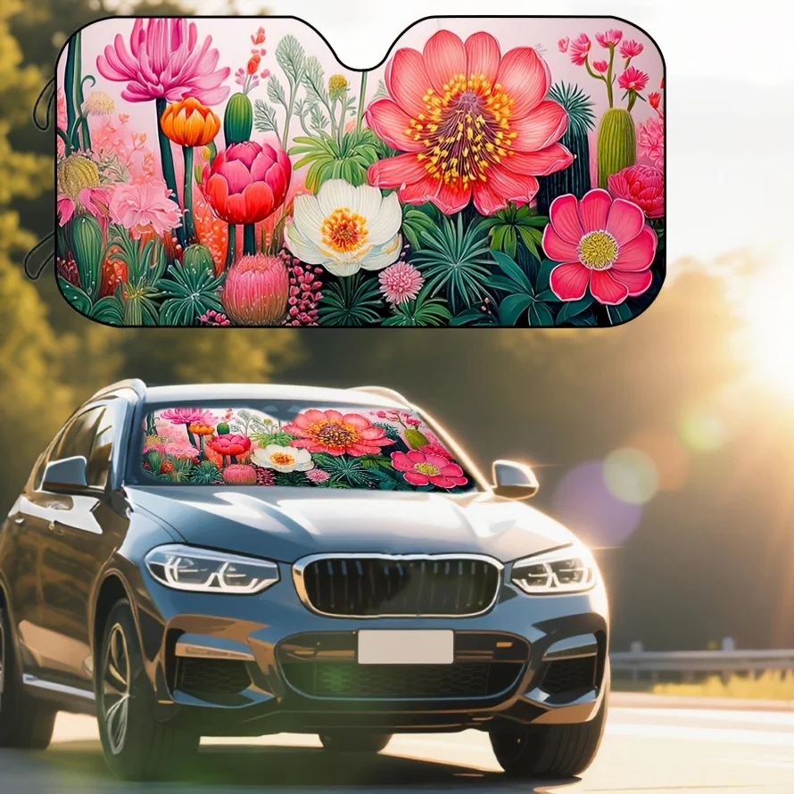 Vibrant Floral Pattern Car Sunshade, Effectively Blocks Direct Sunlight, Protecting The Car Interior From Excessive Exposure. Su