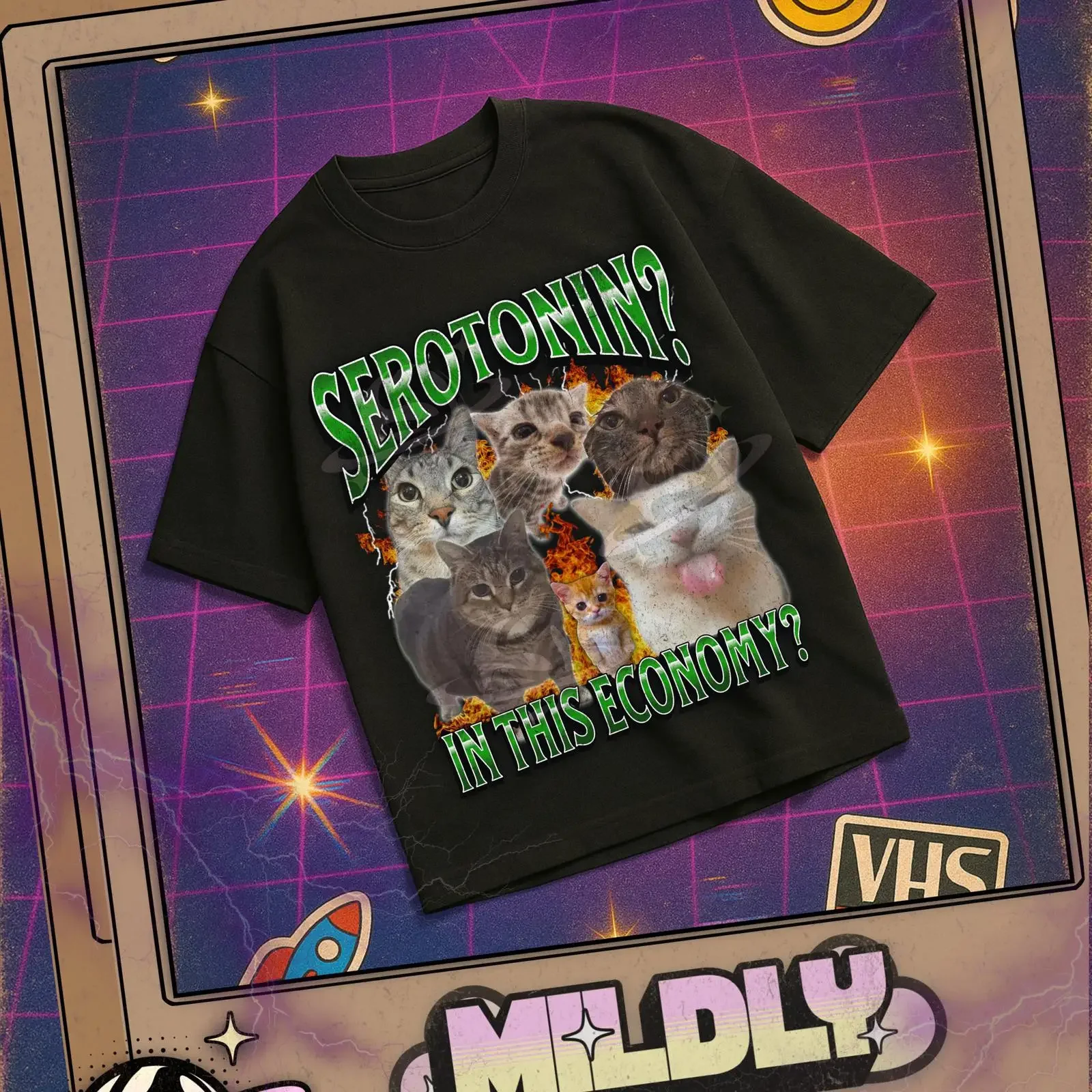 T-shirt décontracté humoristique « Serotonin In This Economy » avec motif chat, style bootleg, humorisme Génération Z, vintage, délavé, doux, vêtements de créateur, confortable