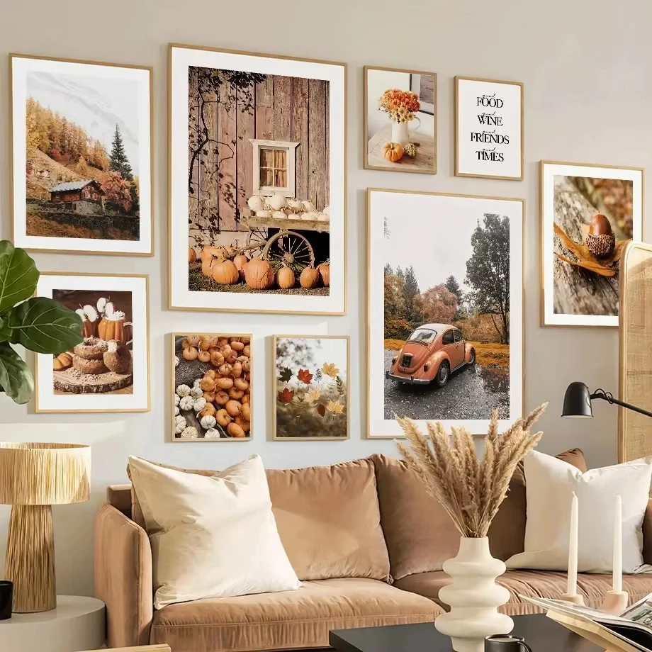 Autumn Squash Maple Leaf Vintage Car Wall Art Canvas Painting Nordic Posters and Prints Wall Picture Living Room Decor Fall Gift