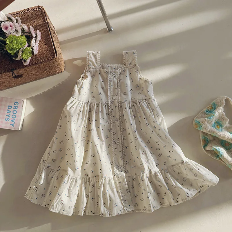 

2025 Summer New French Retro Lace Girls Dress Children Clothing Korean Printed Children Tank Top Dress