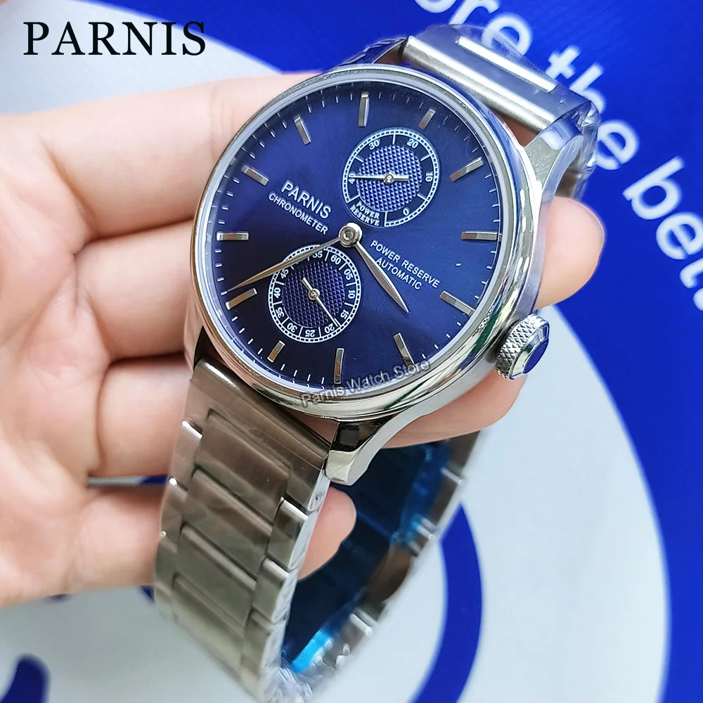 Parnis 42.5mm riserva di carica quadrante blu orologio da polso da uomo con movimento automatico ST2542