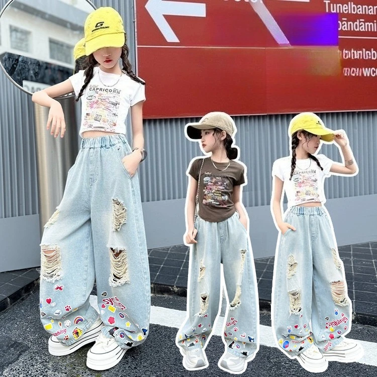 teen girls big hole Cartoon Butterfly jeans junior kids loose fit ripped pants child trousers cotton Letter graffiti T-shirt 14
