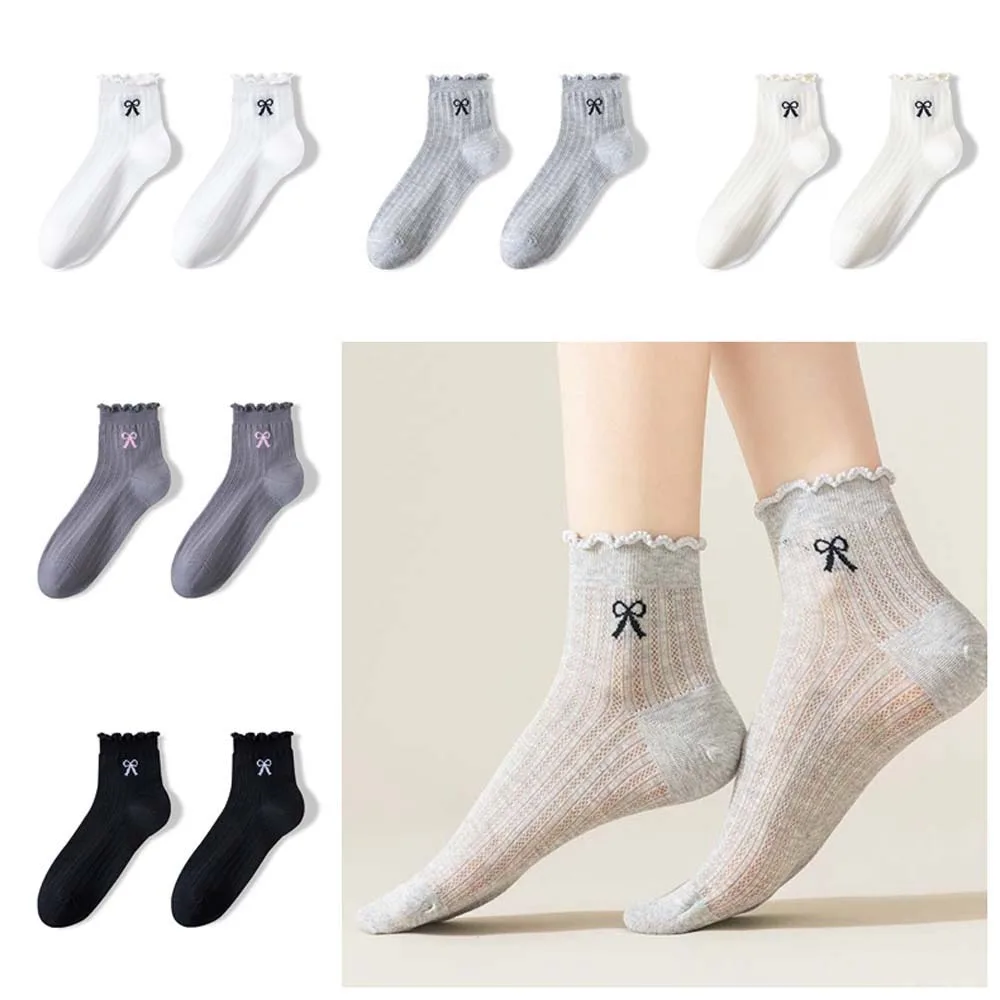 Thin Women Mesh Bow Socks Female Hosiery Anti Slip Cotton Bow Ankle Socks Lolita Sweat Absorption Cotton Boat Socks Girl/Women