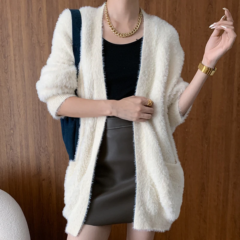 2024 Women New Autumn Knitted Furry Cardigans Sweater Coat Open Stitch Long Sleeve Women Beige Sweater Tops Loose Style Coat