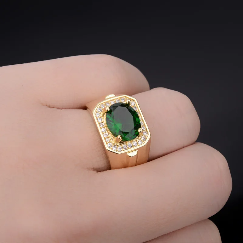 ZY Vintage Green Emerald Gemstones Zircon Diamonds Rings For Men Color Jewelry Bague Masculine Finger Party Accessory