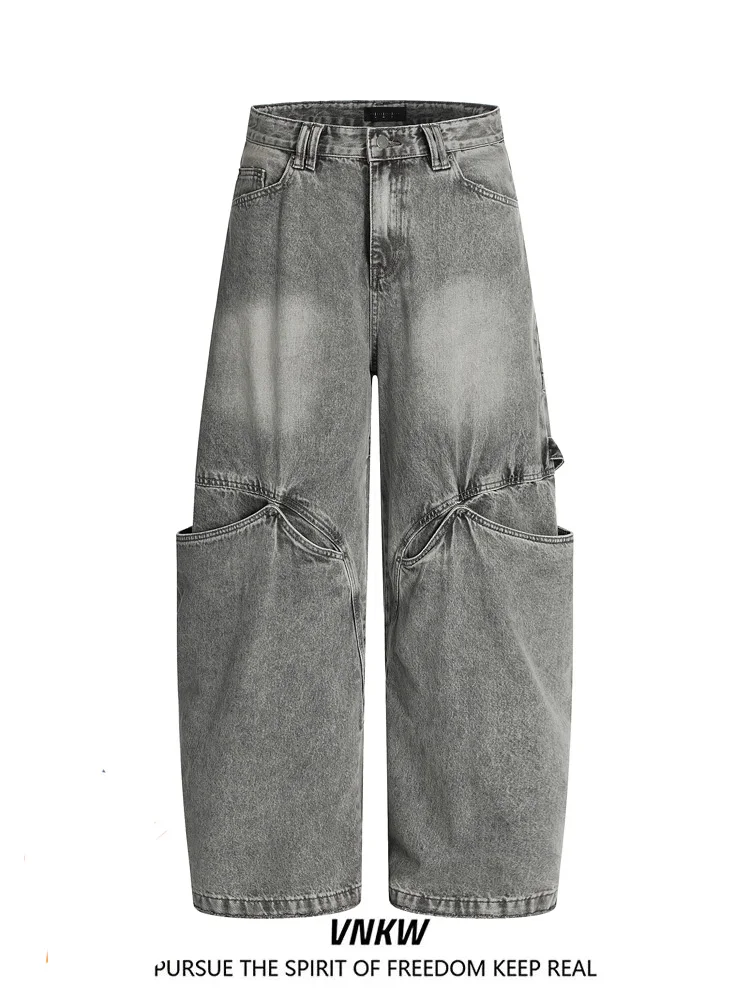 

American Retro Knife Jeans Men's Loose Fit CleanFit Casual High Street Straight Leg Wide Leg Pants ex