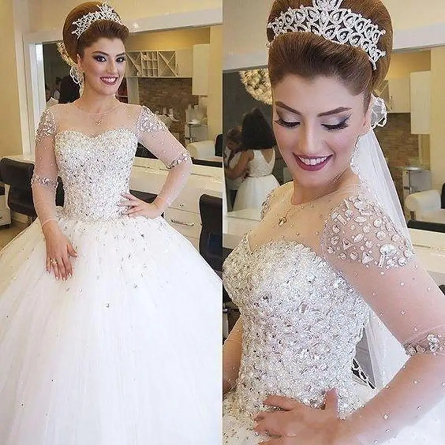 

Customized Crystal Wedding Dresses Arabic Dubai Bride Robes Ball Gown Sheer Long Sleeve Tulle Bridal Dress Robe De Mariage