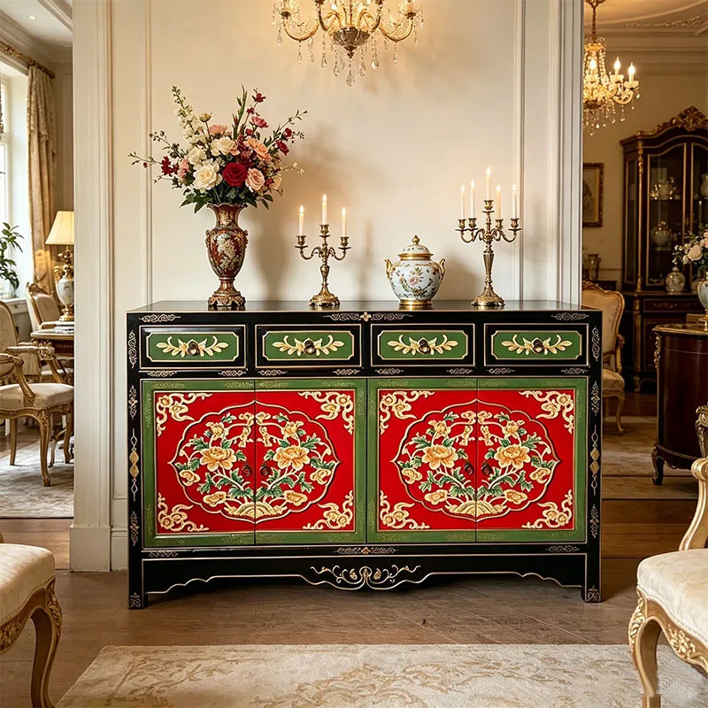 Yjq new Chinese-style household dining side shoe cabinet integrated against the wall solid wood decorative porch cabinet storage