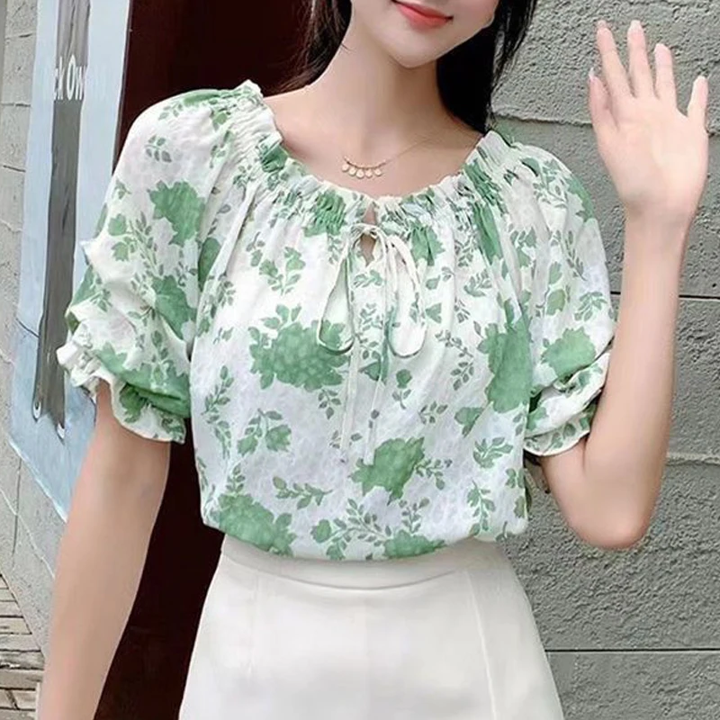 Women\'s Trendy Floral Print Lace Up Blouse 2024 Summer Sexy Off Shoulder Sweet Chic Shirt Female Casual Short Sleeve Loose Tops