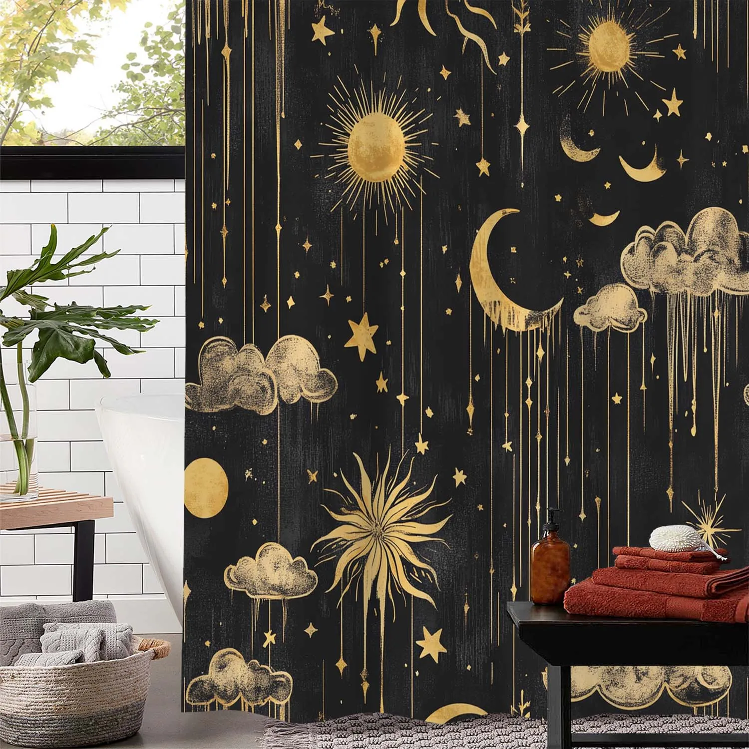 

Занавеска для душа Moon and Sun Cloud — винтажный художественный дизайн, полиэстер, 12 крючков, можно стирать в машине