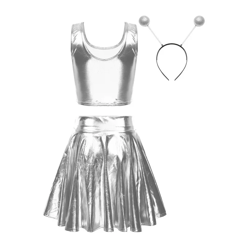 Womens Halloween Alien Costumes Astronaut Cosplay Uniforms Dress Space Clothing Shiny Metallic Tank Tops and Mini Skirt Set