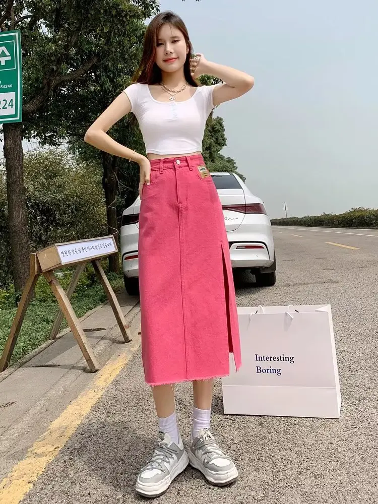 

Feynzz's Side Slit Denim Skirt Women's 2021 Summer New Korean Version Mid-length High-waisted Slim A-line Bag Hip Dress