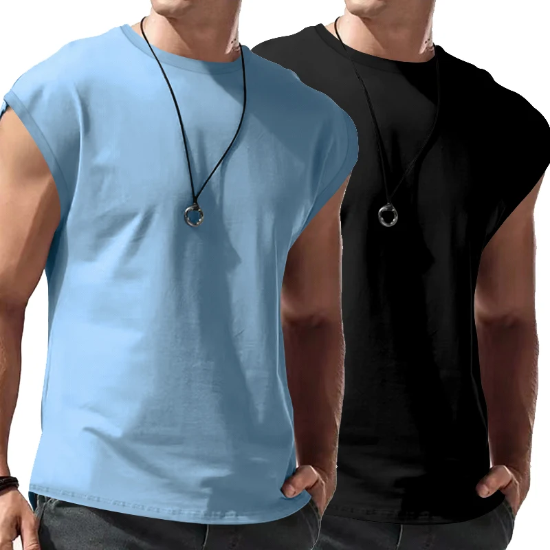 Amazon cross-border summer new sleeveless T-shirt casual loose solid color thin waistcoat T-shirt men's shirt two combination