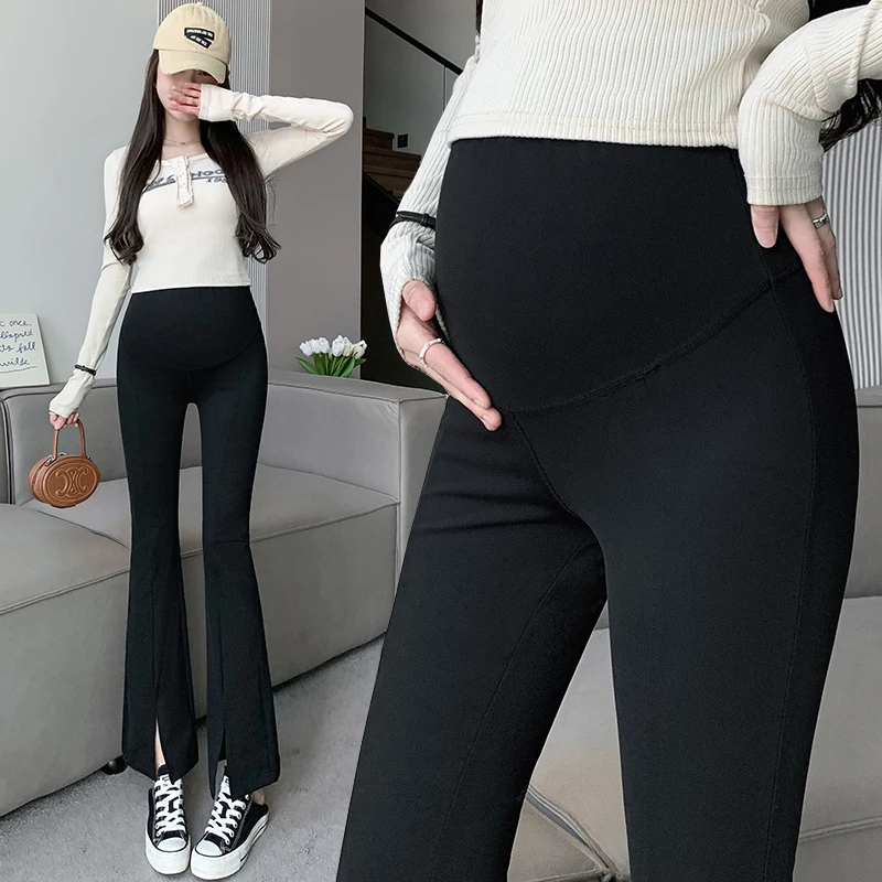 

1828# 2023 Autumn Fashion Stretch Maternity Long Pants Boot Cut Splits Belly Trousers Clothes for Pregnant Women Slim Pregnancy