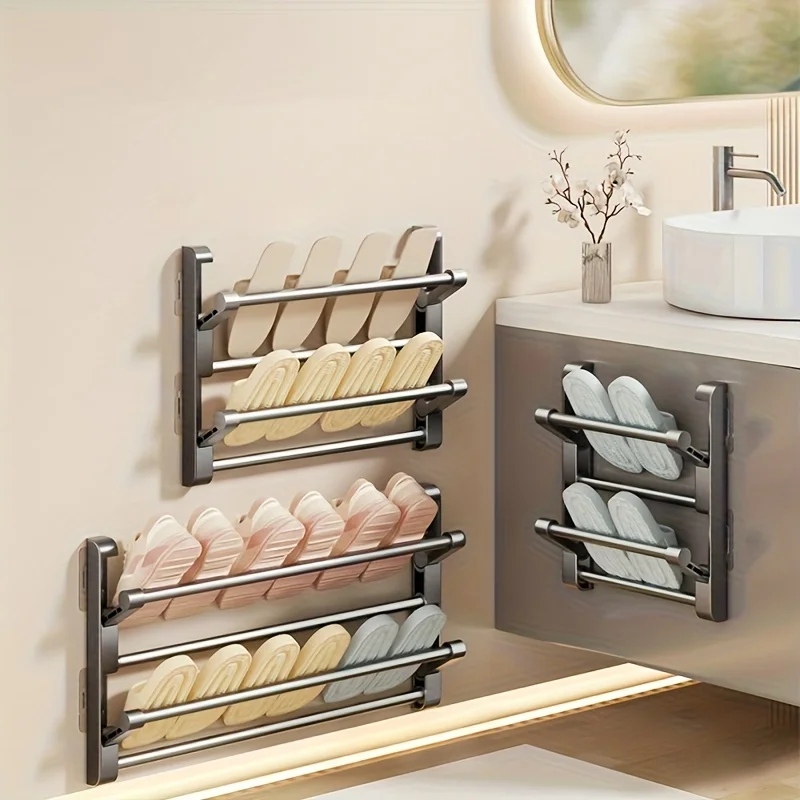 Multi‑Layer Foldable Slipper Storage Rack Punch‑Free Wall Hanging Shoe Organizer for Bathroom Bedroom