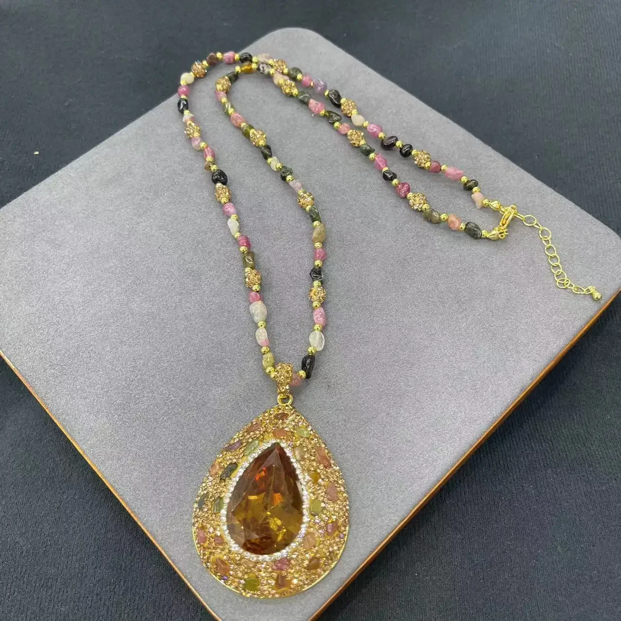 Turkey sultan stone inlaid with natural tourmaline rough stone sweater chain Douyin new color treasure jewelry