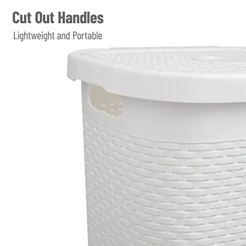 

White 50L Compact Plastic Laundry Hamper With Lid, Woven Texture Design, Lightweight Portable Basket