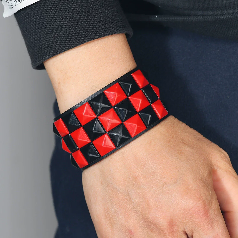 HANGZHI Punk Hip-Hop Geometric Square Colorful Rivet PU Leather Big Wide Bracelet for Women Men Buckle Wristband Vintage Jewelry