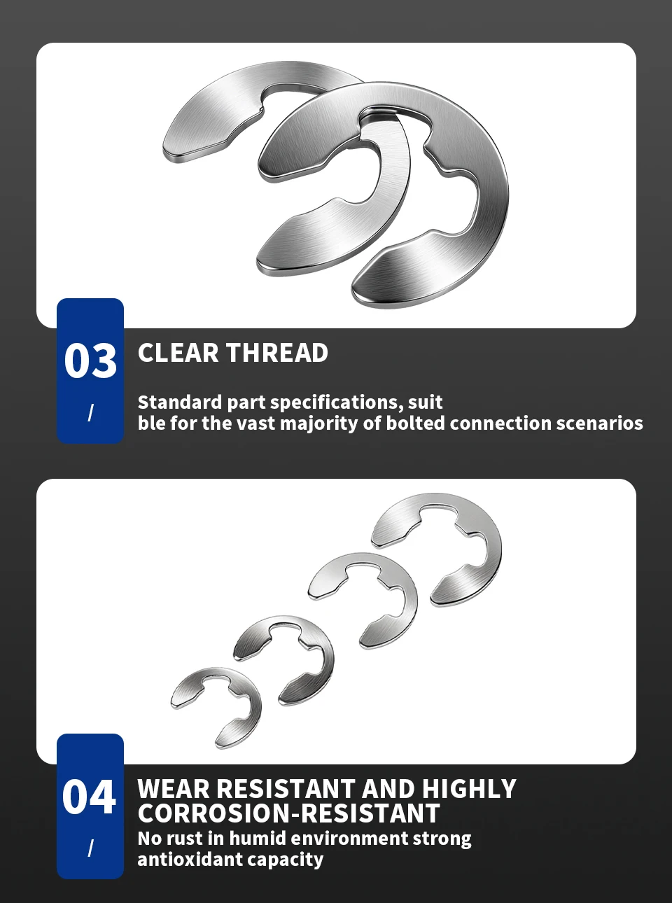 304 Edelstahl E-Ring-Unterlegscheiben GB896 DIN6799 E-Clips Wellensicherungsringe Sicherungsringe Befestigungselemente Sortiment M1.5-M15 – Detail 5