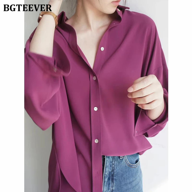 

BGTEEVER Шикарные женские однотонные рубашки с отложным воротником, весенне-летние свободные блузки с длинным рукавом на одной пуговице, 2022