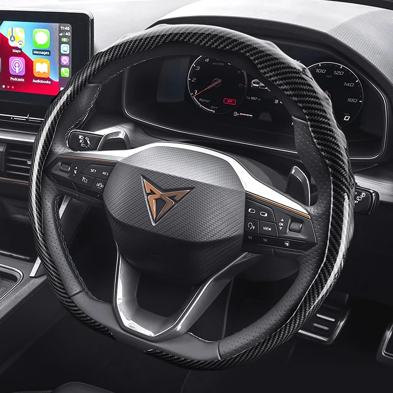 Passend für Cupra Carbonfaser-Textur Lenkradabdeckung, aufsteckbare, wellenförmige Sportdesign-Schutzhülle für Modelle wie Formentor, Leon Sportstourer, Born, Ateca, Tavascan, Terramar, etc., in