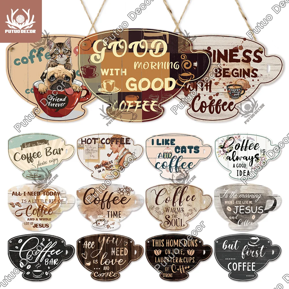 Putuo Decor Coffee Sign Cup Shaped Plaque Rustic Wooden  Hanging Sign for Cafe Kitchen Decoration Plate Coffee Mug Wall Decor