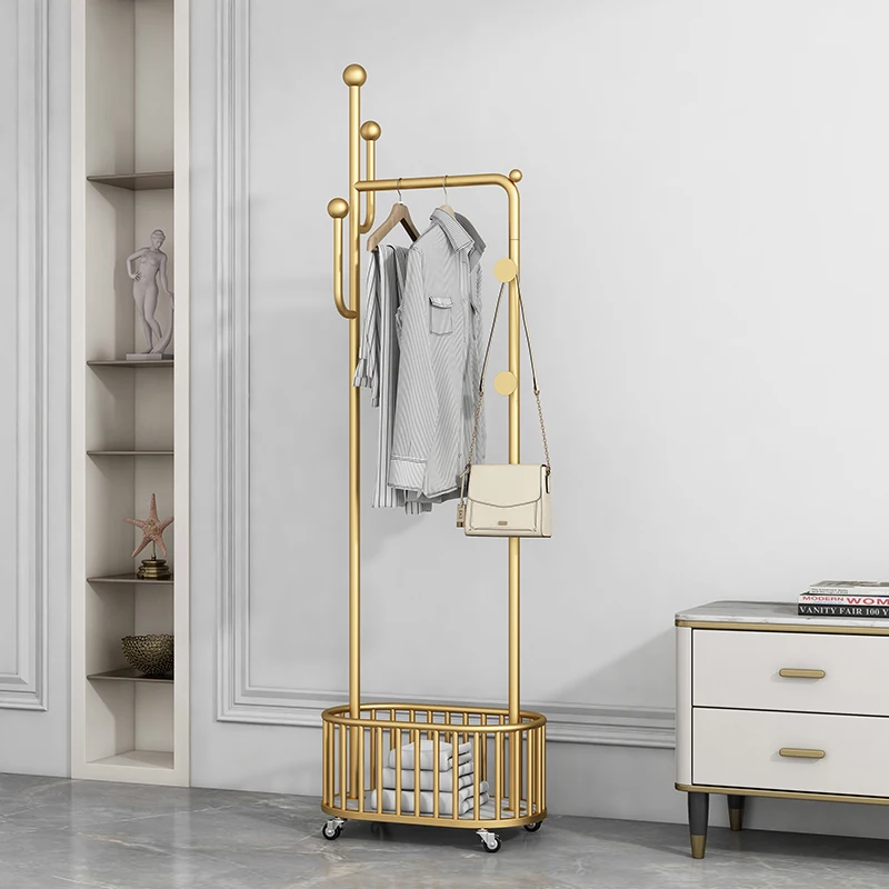 

Rolling Bedroom Garment Rack, New Chinese Style Mobile Coat Hanger, Floor Standing Clothes Organizer, Entryway Storage Hook Rack