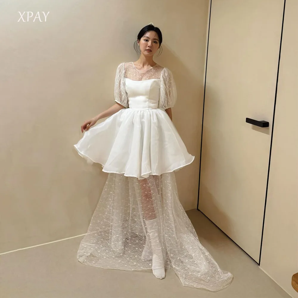 

XPAY O-Neck Korean Simple Organza Lace A Line Wedding Dresses Customized Puff Sleeves Bridal Gowns Bride Dress Floor-Length