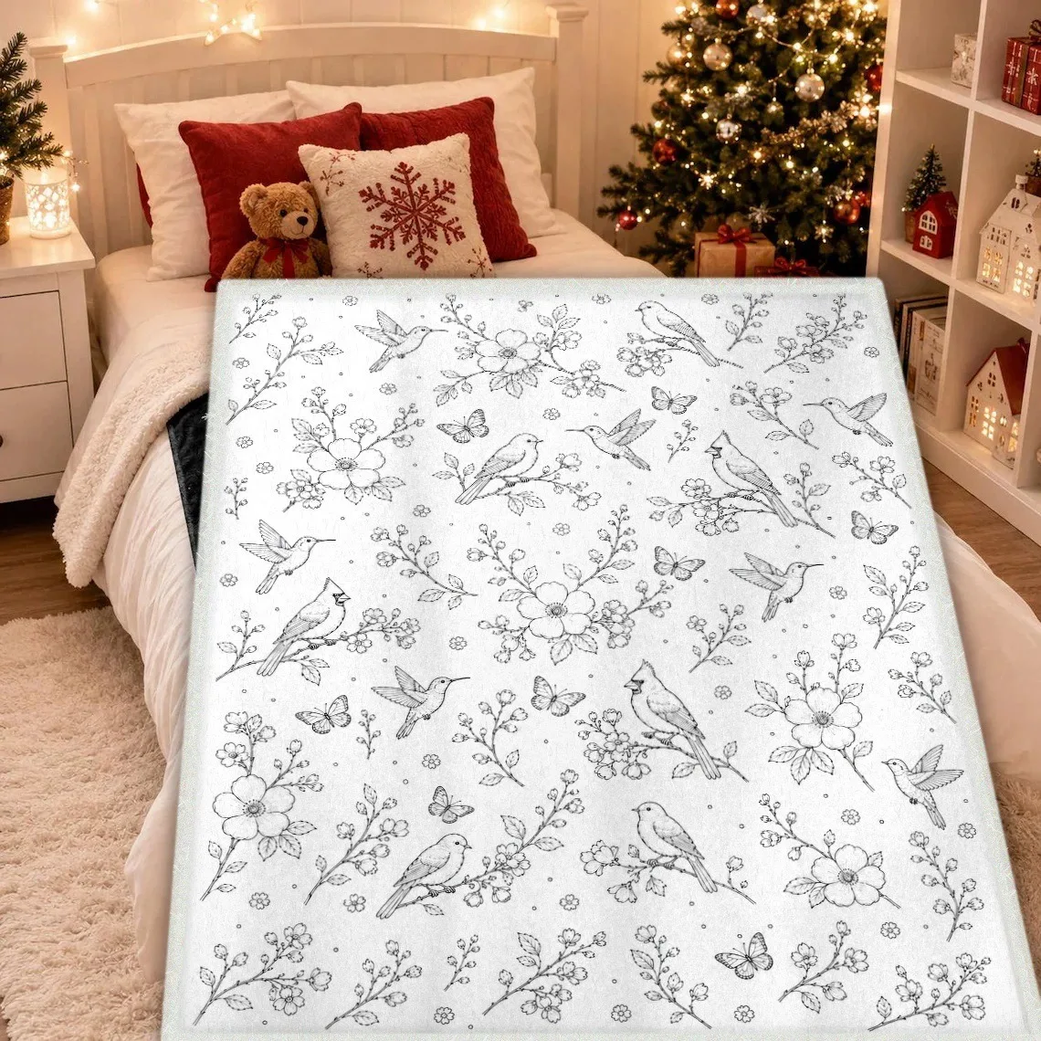 Hand Drawn Bird Flower Butterfly Pattern DIY Graffiti Blanket Cozy Portable Home Sofa Bed Decor Throw Blanket