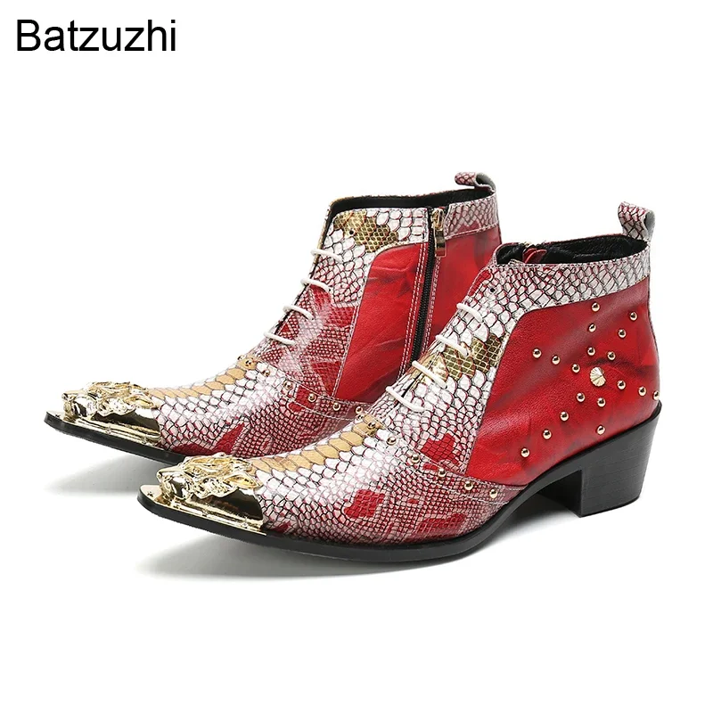 

Batzuzhi New Design Men's Shoes Gold Iron Toe Red Gold Leather Ankle Boots for Men Snake Skin Fashion Party/Wedding Boots Men