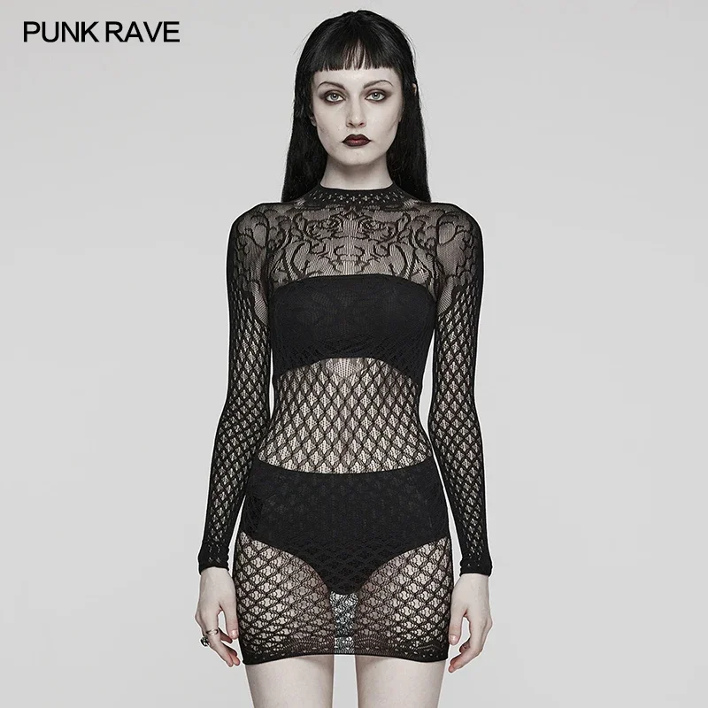 PUNK RAVE Women\'s Gothic Vine Pattern Mysterious Knitted Black Dress Hollowed Out Back Club Sexy Mini Dresses Summer