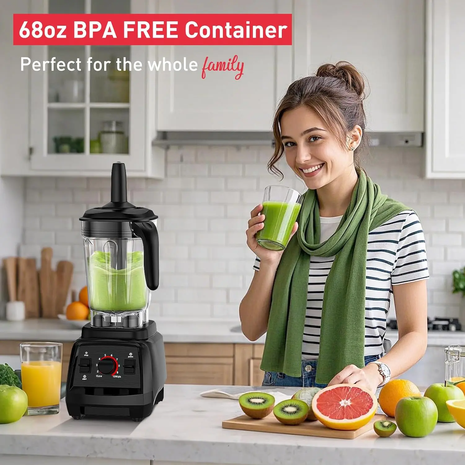 خلاط عصير، عصارة خلاط احترافية بقدرة 1800 وات لسطح المطبخ مع 10 سرعات، كسارة ثلج خالية من مادة BPA سعة 68 أونصة أو عصير