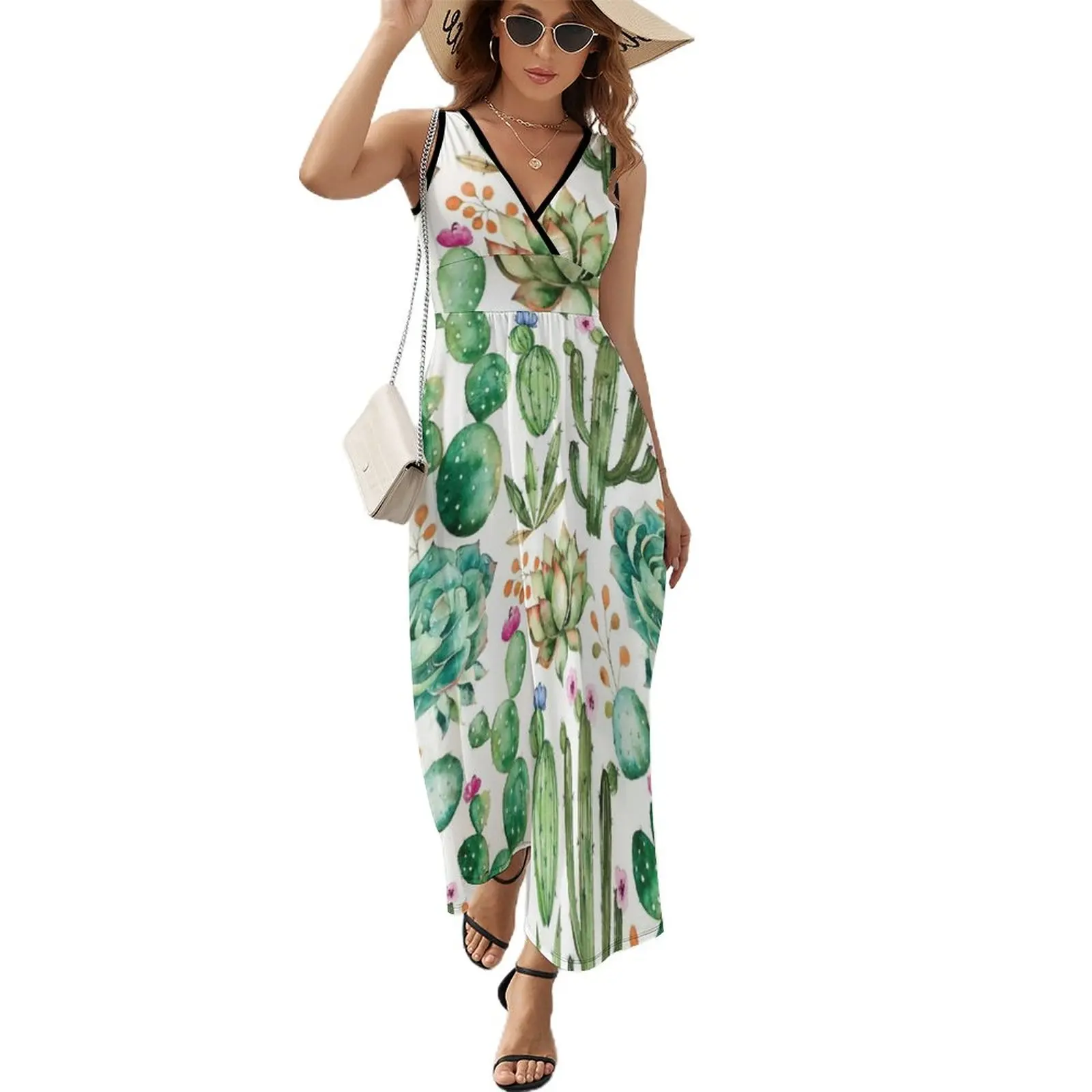 

Watercolor Cactus Pattern Sleeveless Dress summer clothes for women elegant dress