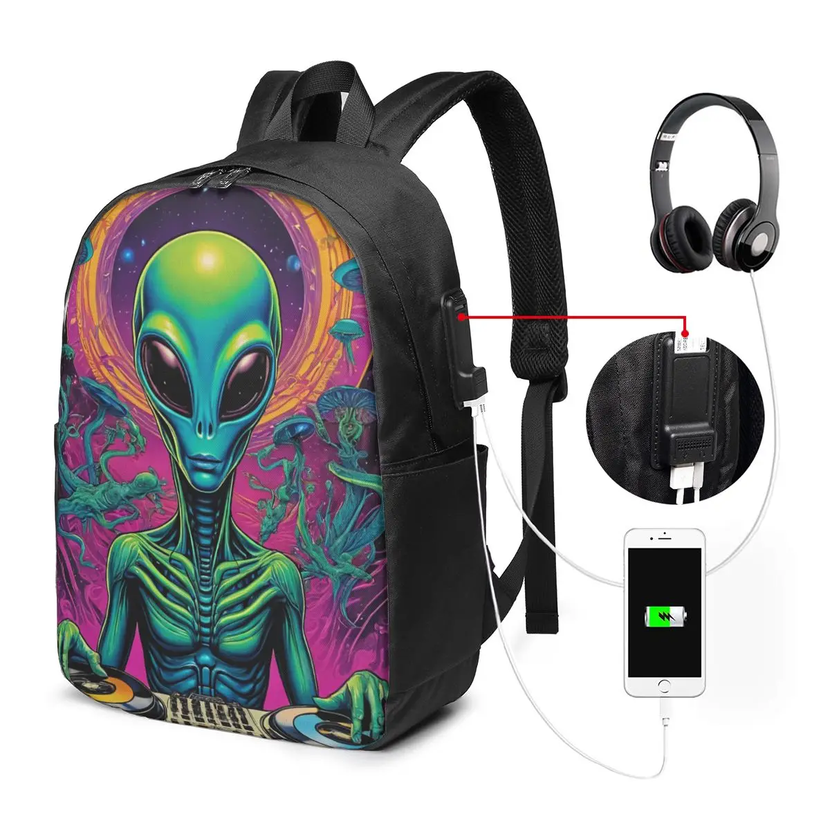 Psychedelic Alien UFO Mushroom Print Backpack Travel Notebook Bag Computer College Student School Bag Laptop Shoulder Bags