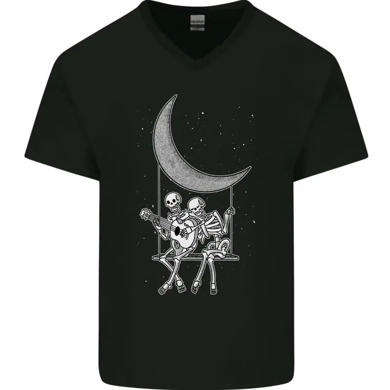 Skelett Auf The Moon Spielen Guitar Herren V-Neck Cotton Maglietta