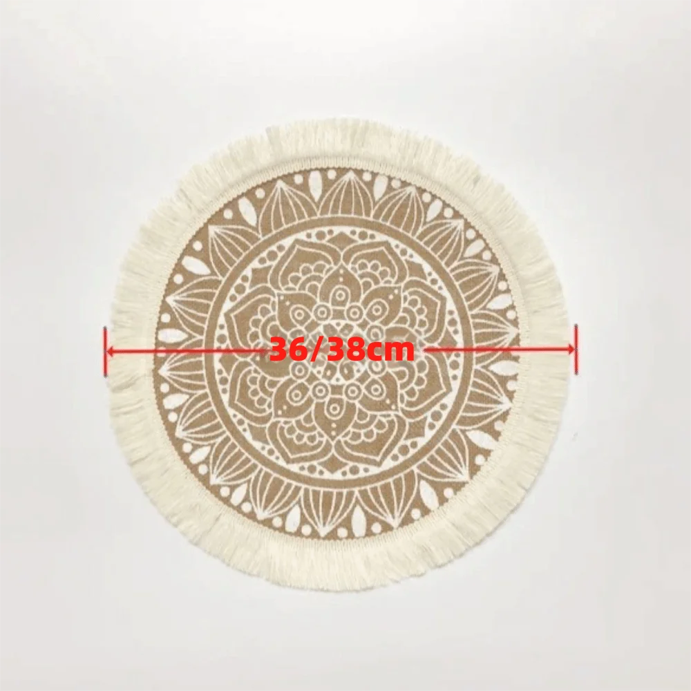 Vintage 36/38cm Round Placemat Non-Slip Heat Resistant Cup Coaster Mat with Tassels Washable Woven Vase Mats Dining Table