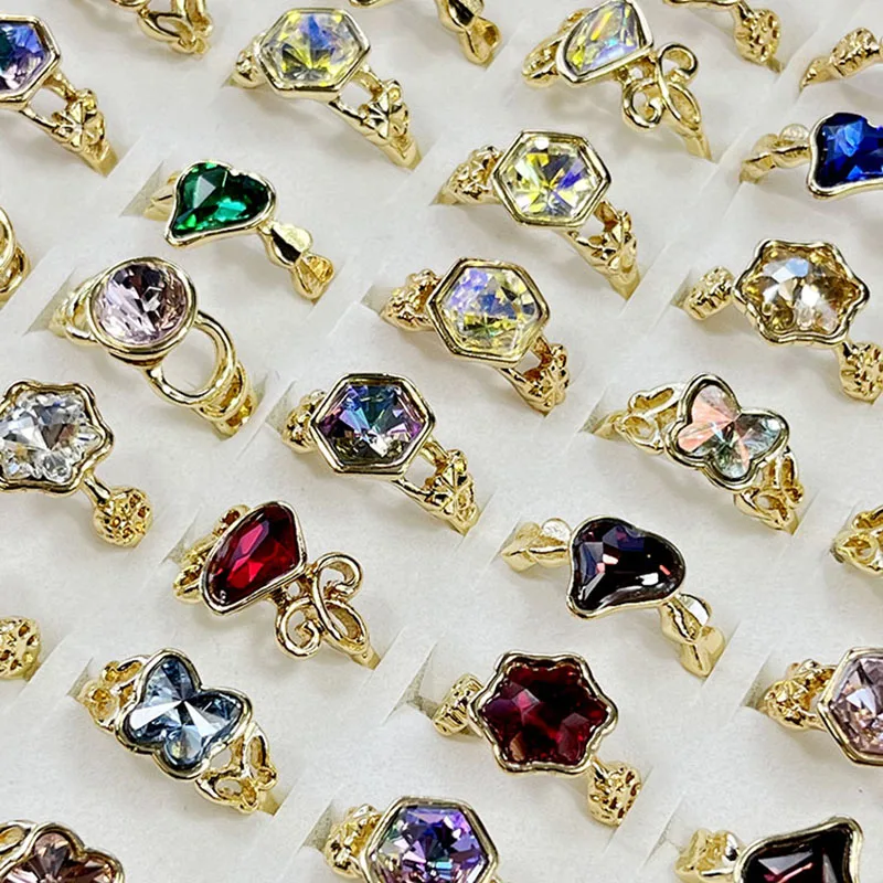 50Pcs/Lot Fashion Colorful Gem Butterfly Heart Cute Style Gold Silver Plated Ring For Women Ladies Jewelry Bulks LR4230