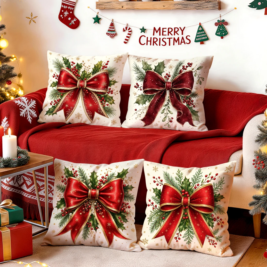1/4pcs Christmas Red Bow Holly Cushions Pillowcase Polyester Cushion Cover Throw Pillow Pillowcover Home Car Sofa Decor