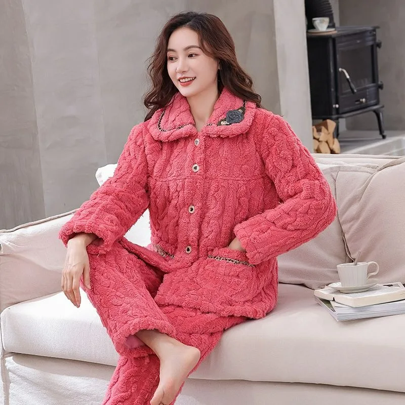 

Pyjamas Women's Winter Coral Fleece Cotton Set New Winter Plus Fat Plus Size Plus Thick Fleece Home Wear Embroidery Pocket