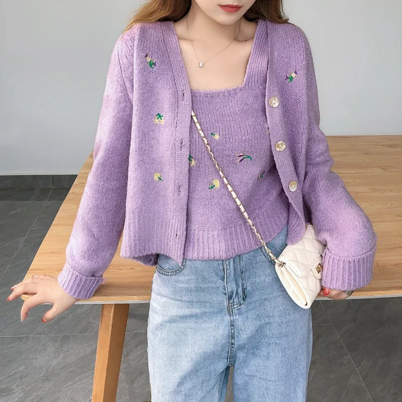 Women's 2023 Autumn and Winter Cardigan Vest Suit Elegant Embroidery Floral V-neck Sweater Long Sleeve Fashion Two-piece Suit