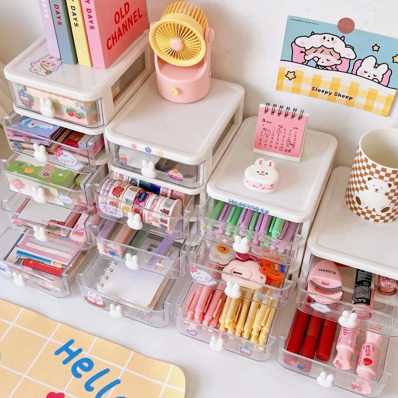 Rabbit Kawaii Desktop Organizer Drawer Pink/White Washi/Paper/Pencil/Sticker/Marker Cute Desk Storage Box Pen Holder Stationery