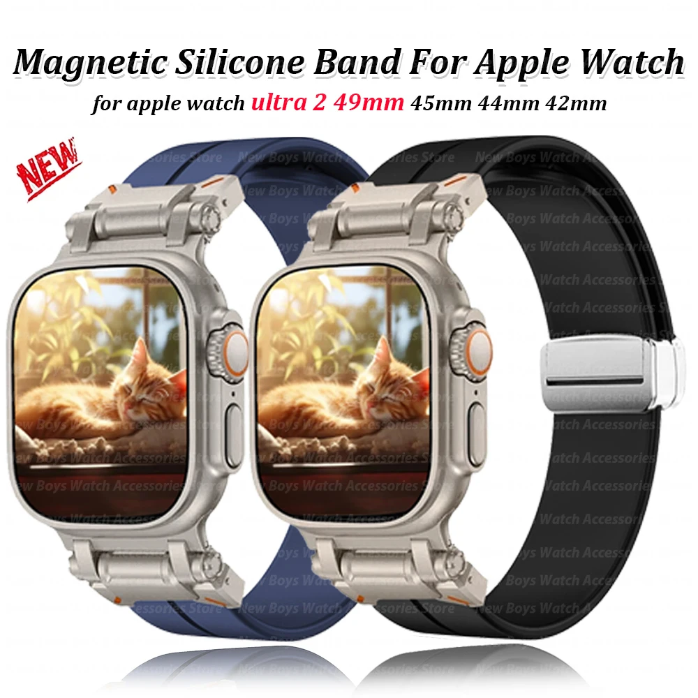 Magnetic Silicone Strap for Apple Watch Band 49mm 45mm 44mm 42mm Titanium Color Bracelet for Iwatch Series 7 8 6 Se 5 4 9 Ultra2